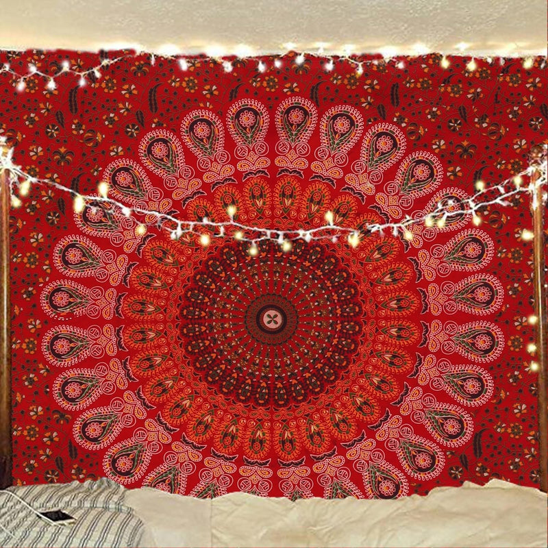 Bless International, Indian Wall Hanging Psychedelic Hippie Bohemian Peacock Mandala Tapestry Bed Sheet Gold Pink Blue King 225x265cm