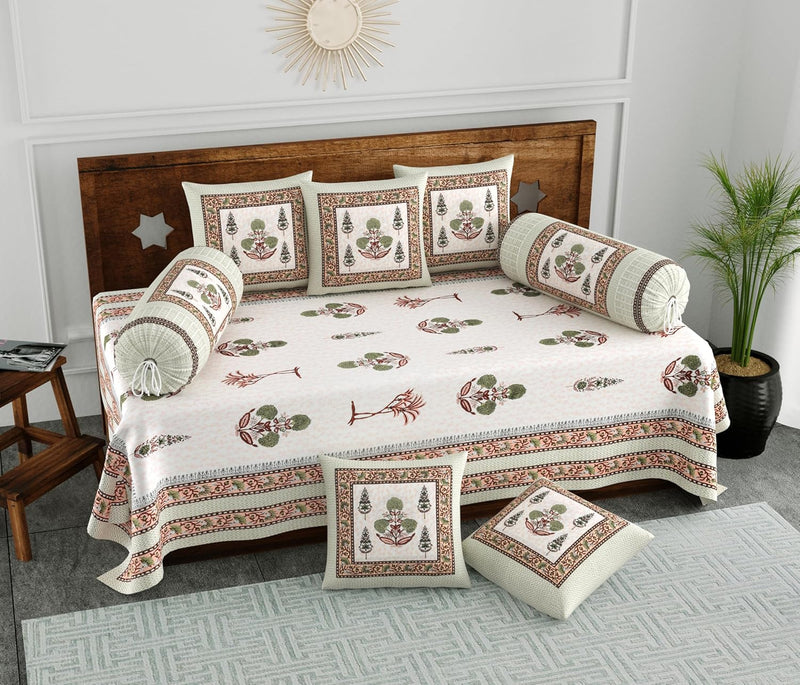 BLOCKS OF INDIA 200TC Diwan Set Cotton 8 Piece | Deewan Printed Bedsheet Sets for Living Room Hall (Set of 8 Piece, 1-Bed Sheet | 2-Bolster Cover | 5-Cushion Cover (Color 25)