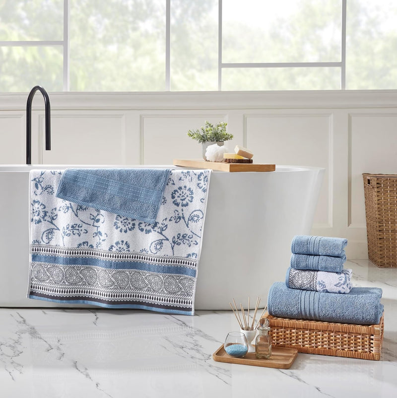 Modern Threads 6 Piece Set, 2 Bath Towels, 2 Hand Towels, 2 Washcloths Yarn Dyed Jacquard/Solid Towel Set Ophelia Blue