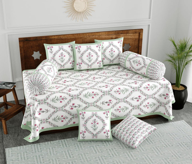 BLOCKS OF INDIA 200TC Diwan Set Cotton 8 Piece | Deewan Printed Bedsheet Sets for Living Room Hall (Set of 8 Piece, 1-Bed Sheet | 2-Bolster Cover | 5-Cushion Cover (Color 25)