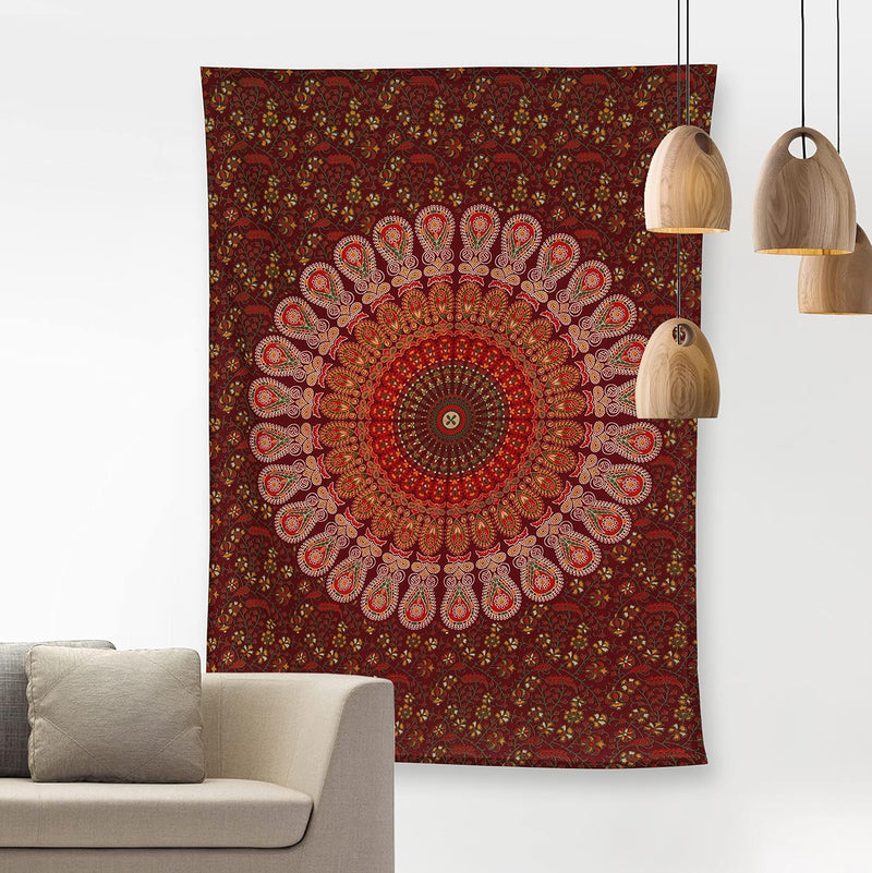 Bless International, Indian Wall Hanging Psychedelic Hippie Bohemian Peacock Mandala Tapestry Bed Sheet Gold Pink Blue King 225x265cm