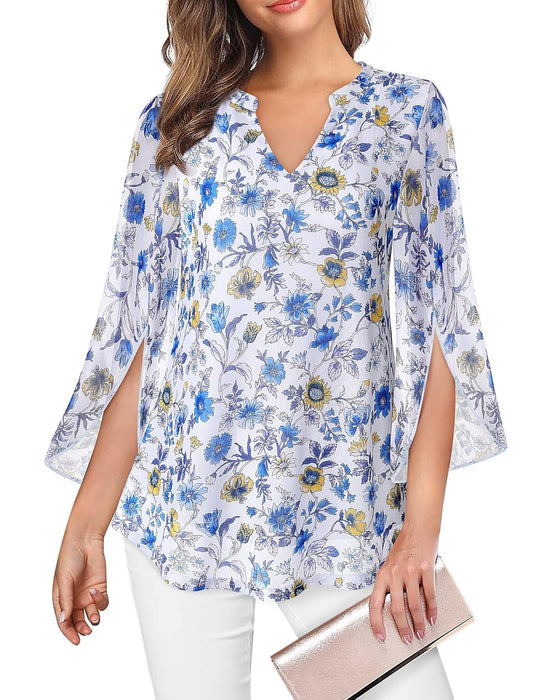 VALOLIA Women's 3/4 Sleeve Floral Tunic Tops V Neck Double Layers Loose Fit Mesh Blouses Shirt