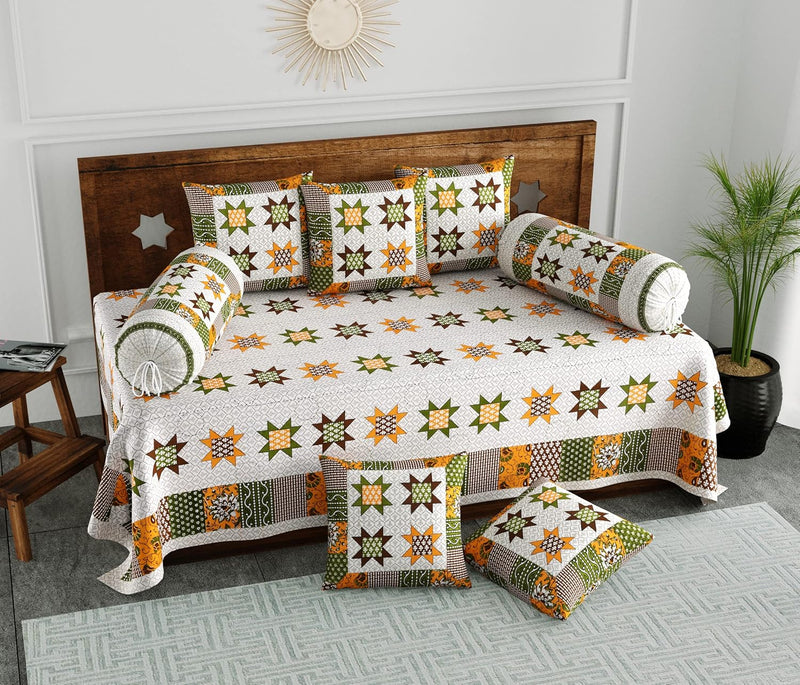 BLOCKS OF INDIA 200TC Diwan Set Cotton 8 Piece | Deewan Printed Bedsheet Sets for Living Room Hall (Set of 8 Piece, 1-Bed Sheet | 2-Bolster Cover | 5-Cushion Cover (Color 25)