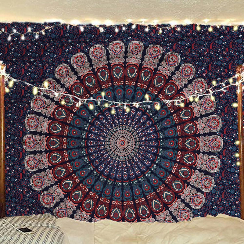 Bless International, Indian Wall Hanging Psychedelic Hippie Bohemian Peacock Mandala Tapestry Bed Sheet Gold Pink Blue King 225x265cm