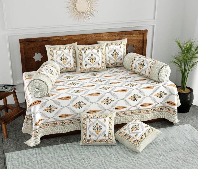 BLOCKS OF INDIA 200TC Diwan Set Cotton 8 Piece | Deewan Printed Bedsheet Sets for Living Room Hall (Set of 8 Piece, 1-Bed Sheet | 2-Bolster Cover | 5-Cushion Cover (Color 25)