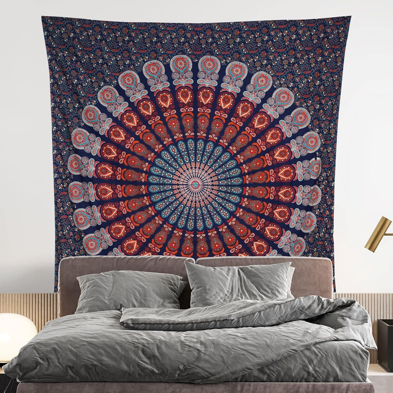 Bless International, Indian Wall Hanging Psychedelic Hippie Bohemian Peacock Mandala Tapestry Bed Sheet Gold Pink Blue King 225x265cm