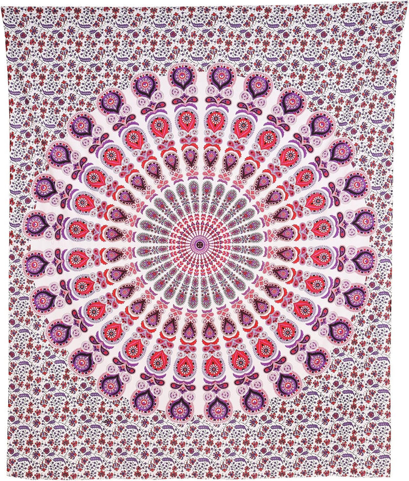Bless International, Indian Wall Hanging Psychedelic Hippie Bohemian Peacock Mandala Tapestry Bed Sheet Gold Pink Blue King 225x265cm