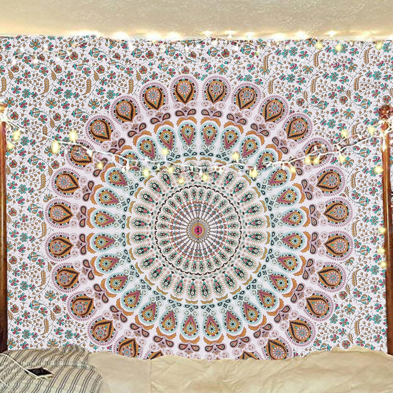 Bless International, Indian Wall Hanging Psychedelic Hippie Bohemian Peacock Mandala Tapestry Bed Sheet Gold Pink Blue King 225x265cm