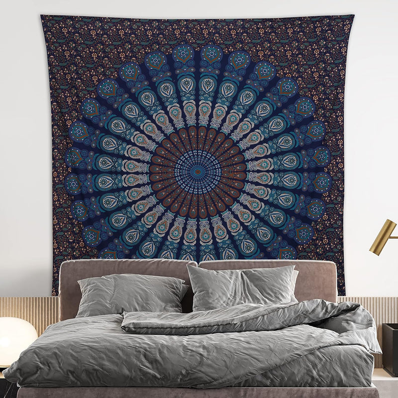 Bless International, Indian Wall Hanging Psychedelic Hippie Bohemian Peacock Mandala Tapestry Bed Sheet Gold Pink Blue King 225x265cm