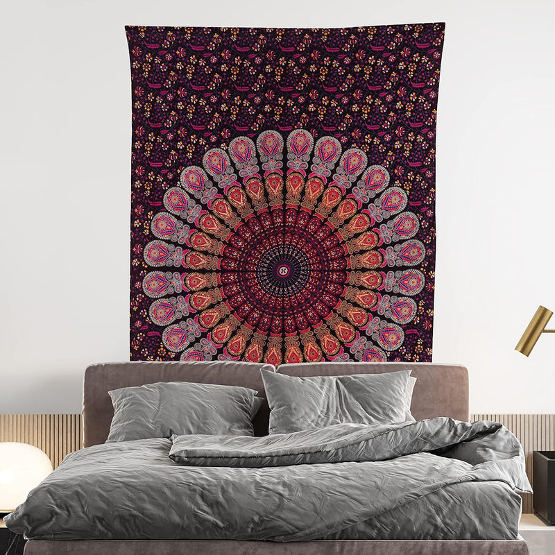 Bless International, Indian Wall Hanging Psychedelic Hippie Bohemian Peacock Mandala Tapestry Bed Sheet Gold Pink Blue King 225x265cm