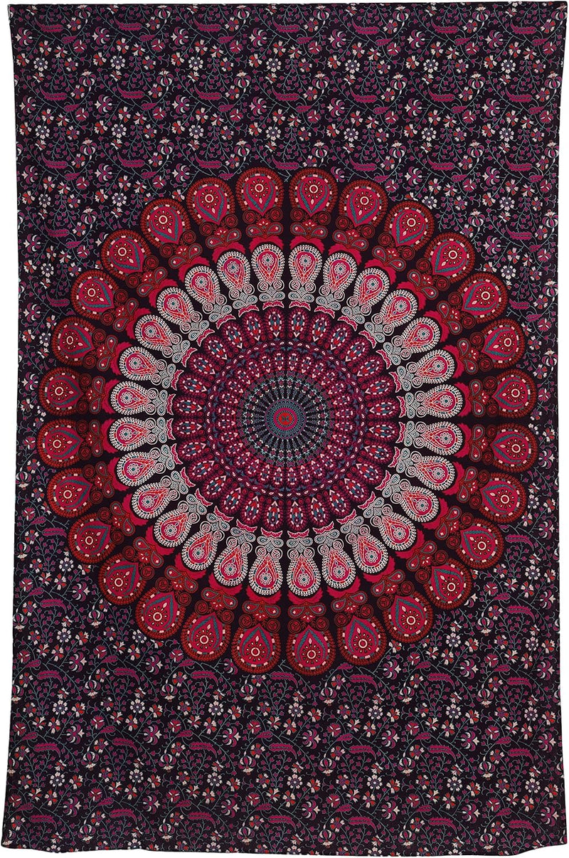 Bless International, Indian Wall Hanging Psychedelic Hippie Bohemian Peacock Mandala Tapestry Bed Sheet Gold Pink Blue King 225x265cm