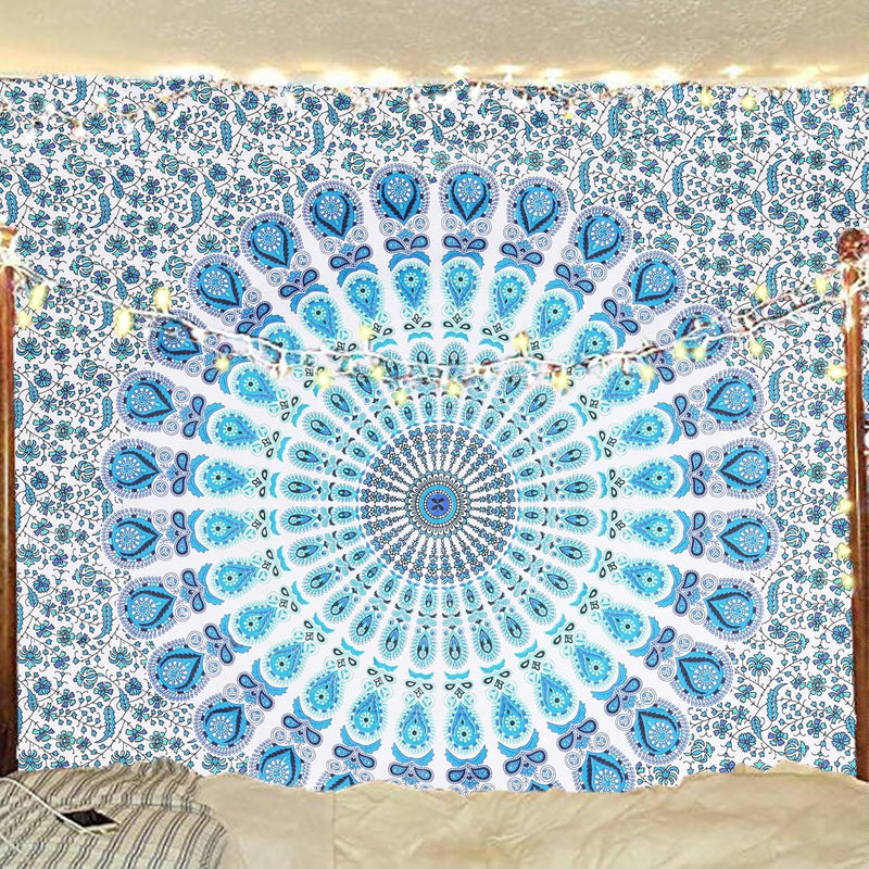 Bless International, Indian Wall Hanging Psychedelic Hippie Bohemian Peacock Mandala Tapestry Bed Sheet Gold Pink Blue King 225x265cm