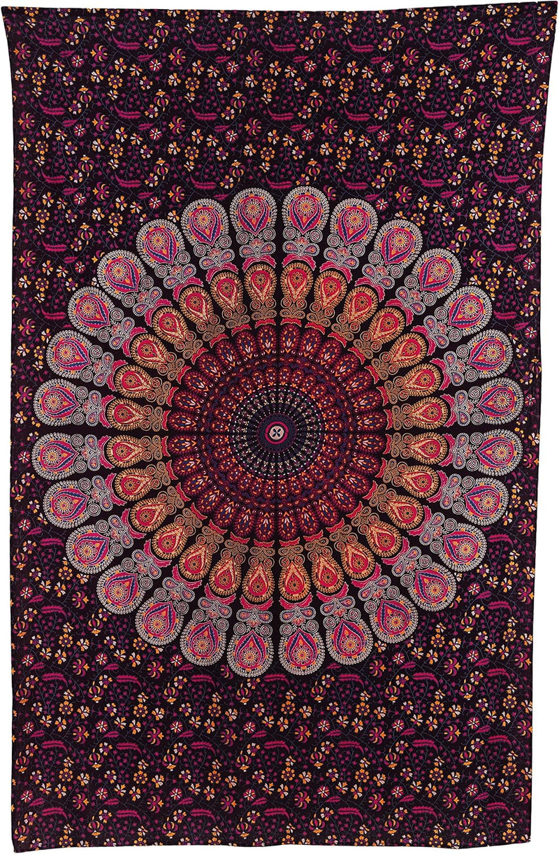 Bless International, Indian Wall Hanging Psychedelic Hippie Bohemian Peacock Mandala Tapestry Bed Sheet Gold Pink Blue King 225x265cm