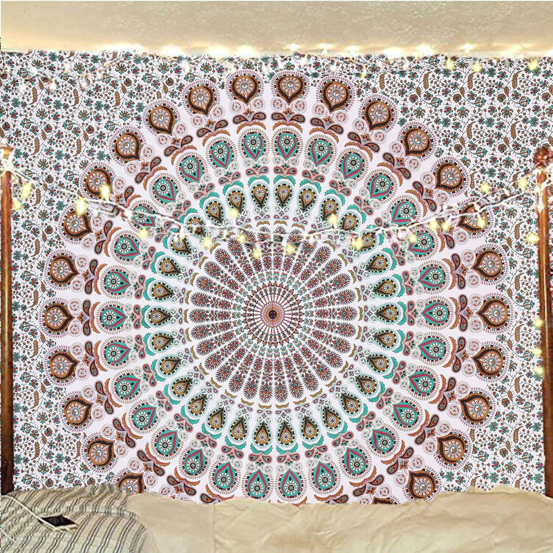 Bless International, Indian Wall Hanging Psychedelic Hippie Bohemian Peacock Mandala Tapestry Bed Sheet Gold Pink Blue King 225x265cm