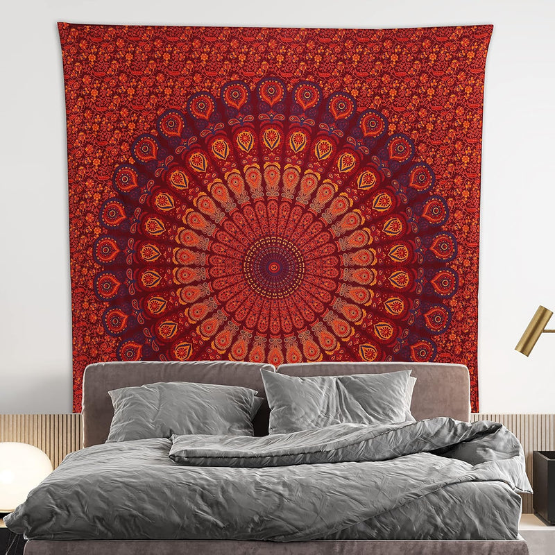 Bless International, Indian Wall Hanging Psychedelic Hippie Bohemian Peacock Mandala Tapestry Bed Sheet Gold Pink Blue King 225x265cm