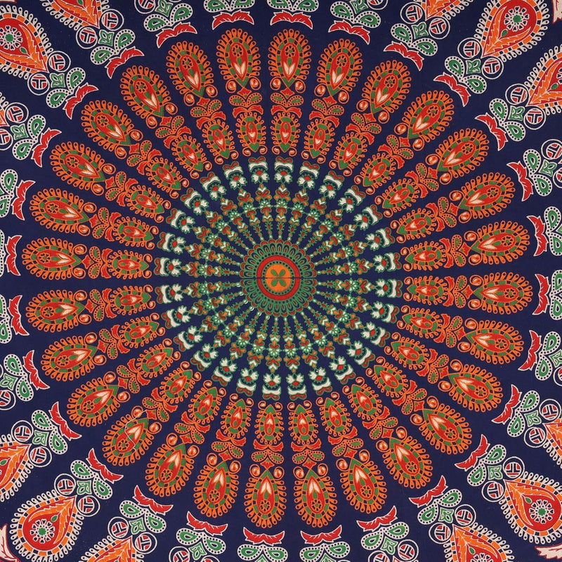 Bless International, Indian Wall Hanging Psychedelic Hippie Bohemian Peacock Mandala Tapestry Bed Sheet Gold Pink Blue King 225x265cm