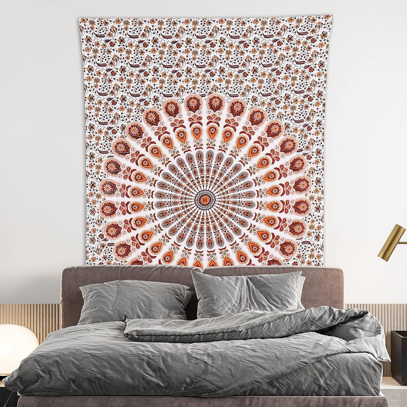 Bless International, Indian Wall Hanging Psychedelic Hippie Bohemian Peacock Mandala Tapestry Bed Sheet Gold Pink Blue King 225x265cm