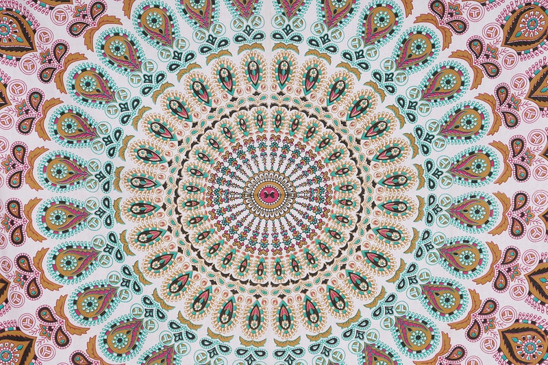 Bless International, Indian Wall Hanging Psychedelic Hippie Bohemian Peacock Mandala Tapestry Bed Sheet Gold Pink Blue King 225x265cm