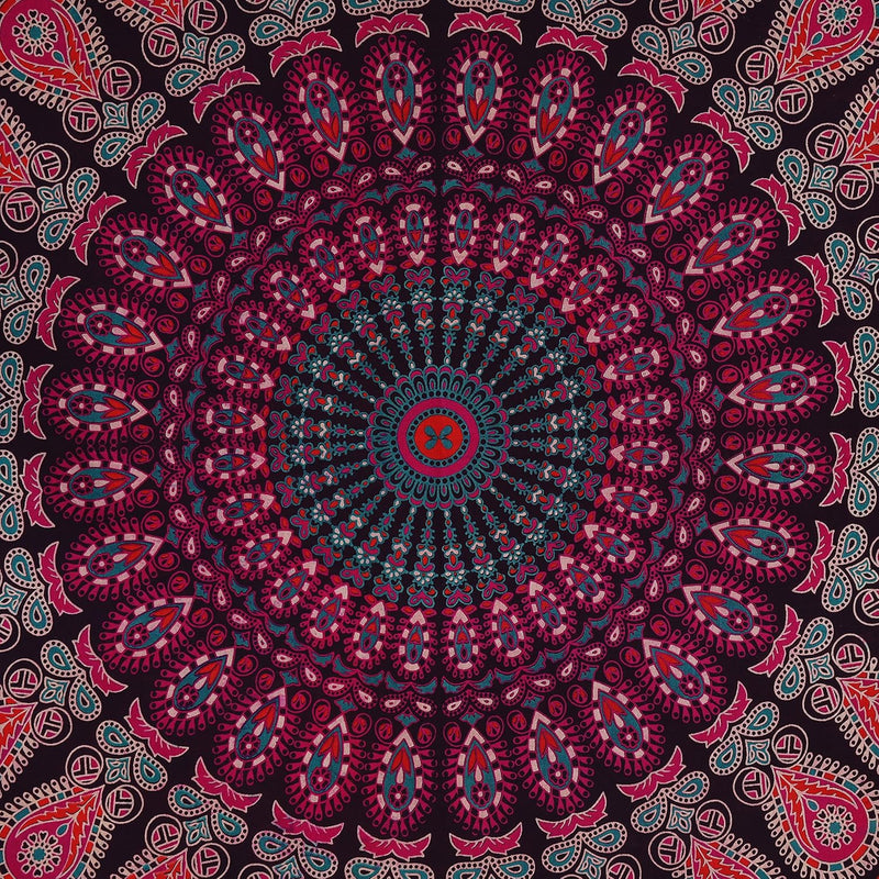 Bless International, Indian Wall Hanging Psychedelic Hippie Bohemian Peacock Mandala Tapestry Bed Sheet Gold Pink Blue King 225x265cm