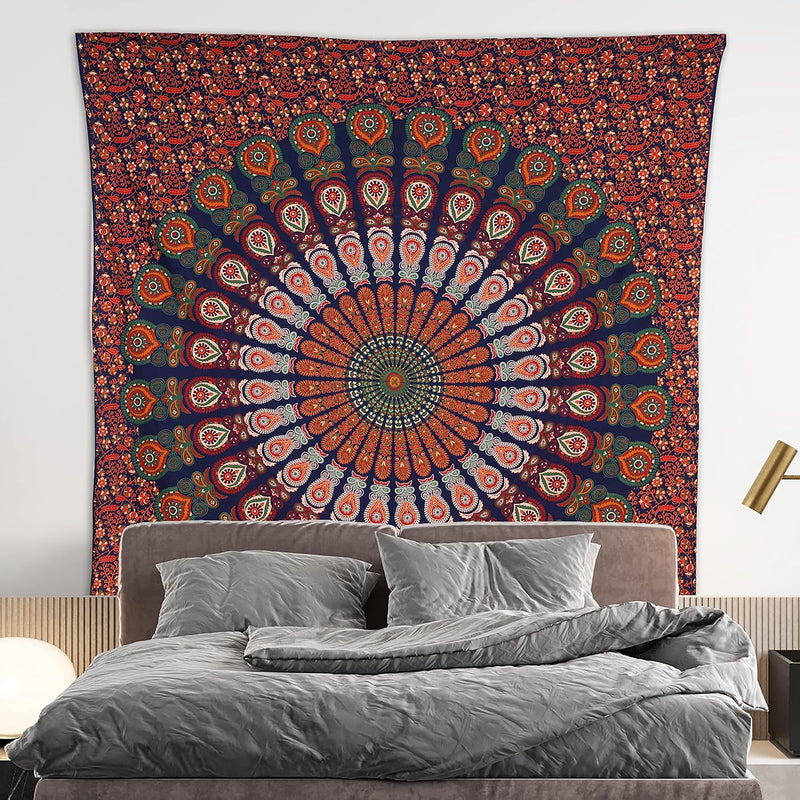 Bless International, Indian Wall Hanging Psychedelic Hippie Bohemian Peacock Mandala Tapestry Bed Sheet Gold Pink Blue King 225x265cm