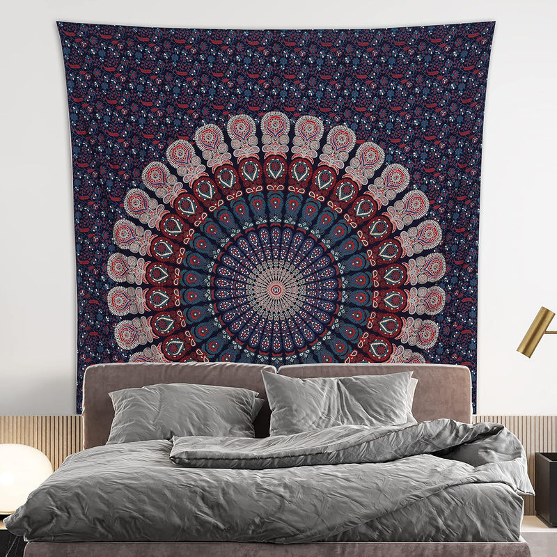 Bless International, Indian Wall Hanging Psychedelic Hippie Bohemian Peacock Mandala Tapestry Bed Sheet Gold Pink Blue King 225x265cm