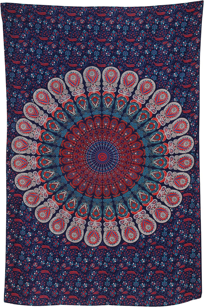 Bless International, Indian Wall Hanging Psychedelic Hippie Bohemian Peacock Mandala Tapestry Bed Sheet Gold Pink Blue King 225x265cm