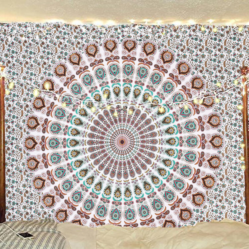 Bless International, Indian Wall Hanging Psychedelic Hippie Bohemian Peacock Mandala Tapestry Bed Sheet Gold Pink Blue King 225x265cm