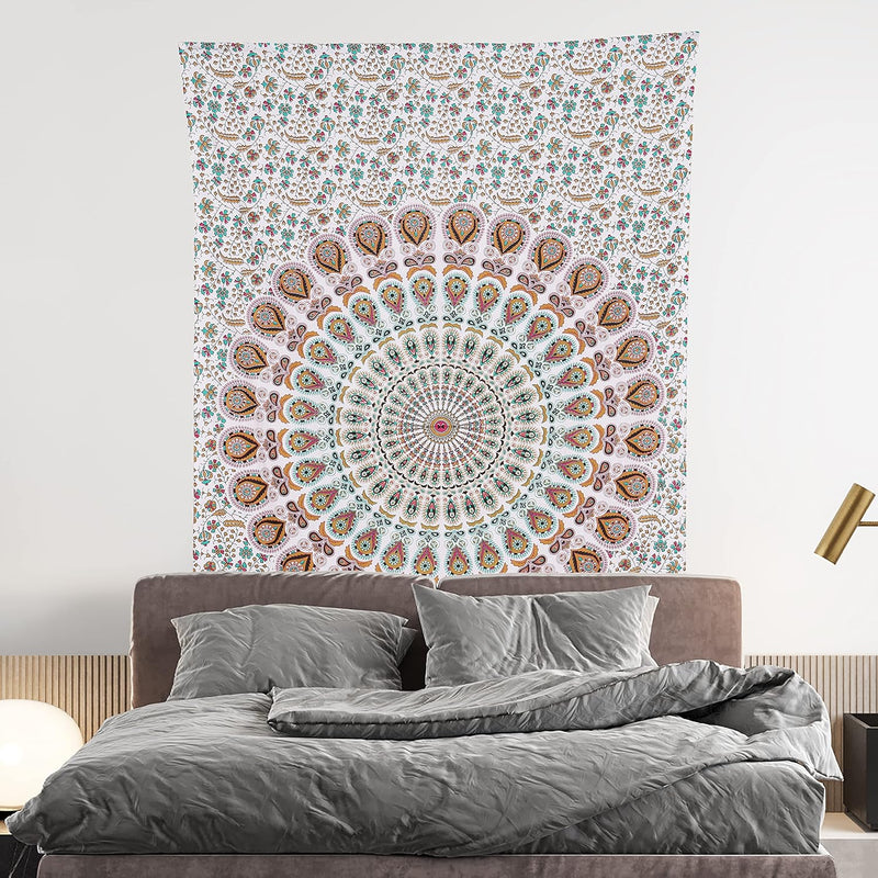 Bless International, Indian Wall Hanging Psychedelic Hippie Bohemian Peacock Mandala Tapestry Bed Sheet Gold Pink Blue King 225x265cm