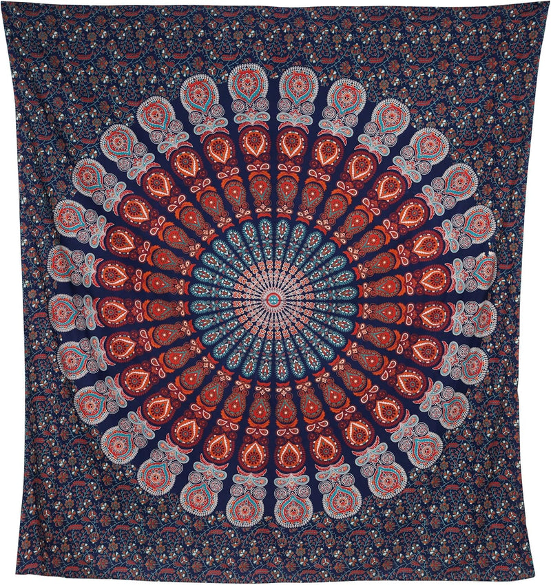 Bless International, Indian Wall Hanging Psychedelic Hippie Bohemian Peacock Mandala Tapestry Bed Sheet Gold Pink Blue King 225x265cm