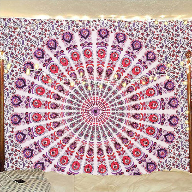Bless International, Indian Wall Hanging Psychedelic Hippie Bohemian Peacock Mandala Tapestry Bed Sheet Gold Pink Blue King 225x265cm