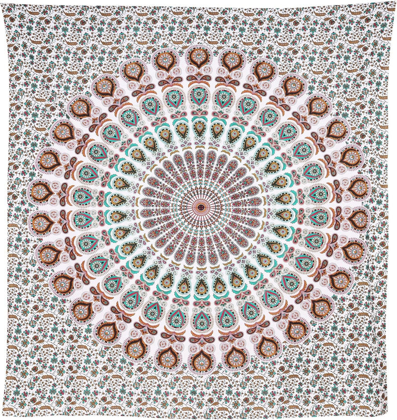 Bless International, Indian Wall Hanging Psychedelic Hippie Bohemian Peacock Mandala Tapestry Bed Sheet Gold Pink Blue King 225x265cm