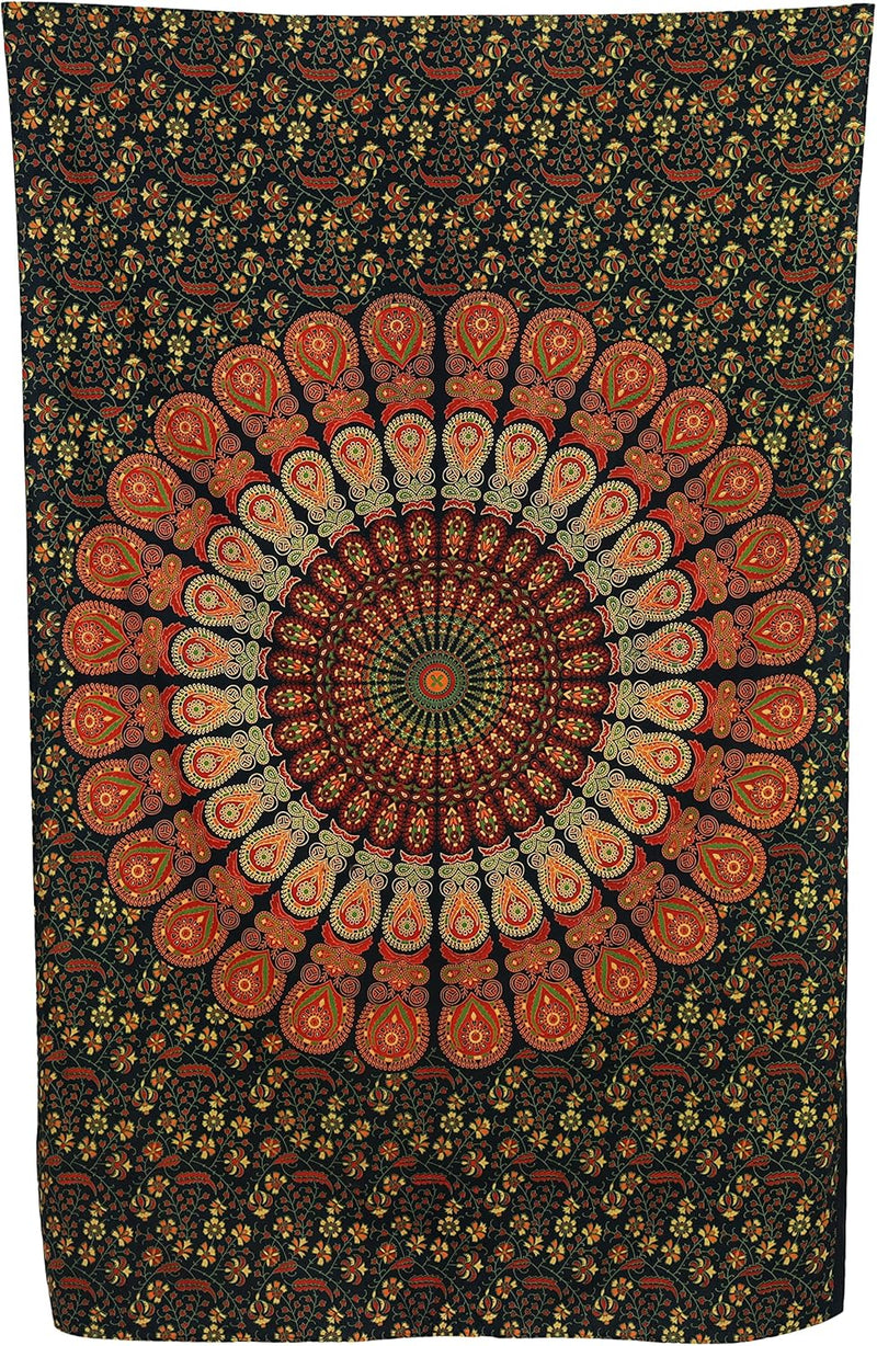 Bless International, Indian Wall Hanging Psychedelic Hippie Bohemian Peacock Mandala Tapestry Bed Sheet Gold Pink Blue King 225x265cm