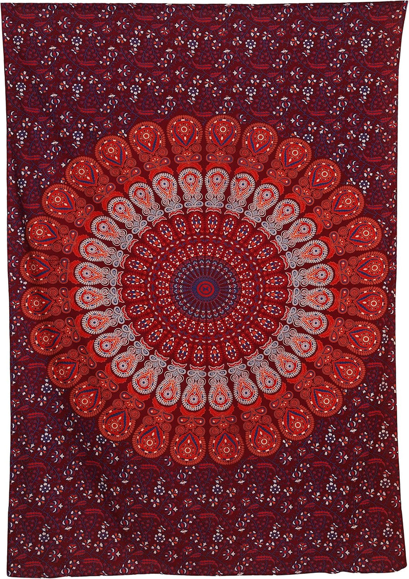 Bless International, Indian Wall Hanging Psychedelic Hippie Bohemian Peacock Mandala Tapestry Bed Sheet Gold Pink Blue King 225x265cm