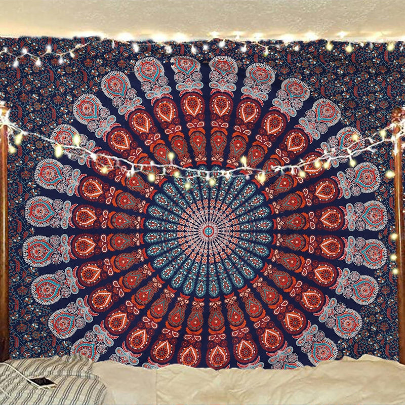 Bless International, Indian Wall Hanging Psychedelic Hippie Bohemian Peacock Mandala Tapestry Bed Sheet Gold Pink Blue King 225x265cm