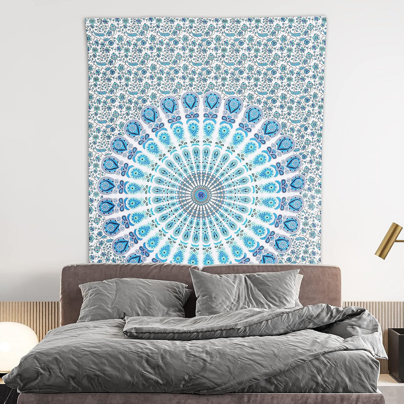 Bless International, Indian Wall Hanging Psychedelic Hippie Bohemian Peacock Mandala Tapestry Bed Sheet Gold Pink Blue King 225x265cm
