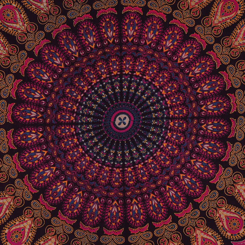 Bless International, Indian Wall Hanging Psychedelic Hippie Bohemian Peacock Mandala Tapestry Bed Sheet Gold Pink Blue King 225x265cm