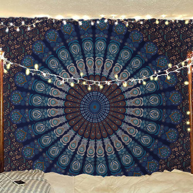 Bless International, Indian Wall Hanging Psychedelic Hippie Bohemian Peacock Mandala Tapestry Bed Sheet Gold Pink Blue King 225x265cm