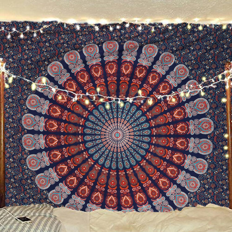 Bless International, Indian Wall Hanging Psychedelic Hippie Bohemian Peacock Mandala Tapestry Bed Sheet Gold Pink Blue King 225x265cm