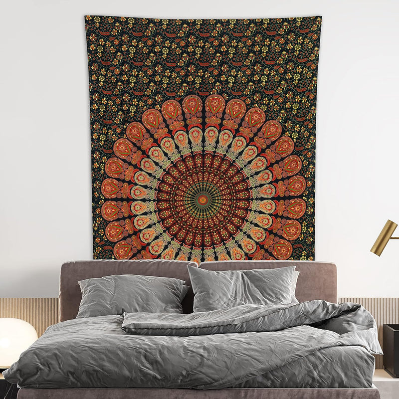 Bless International, Indian Wall Hanging Psychedelic Hippie Bohemian Peacock Mandala Tapestry Bed Sheet Gold Pink Blue King 225x265cm