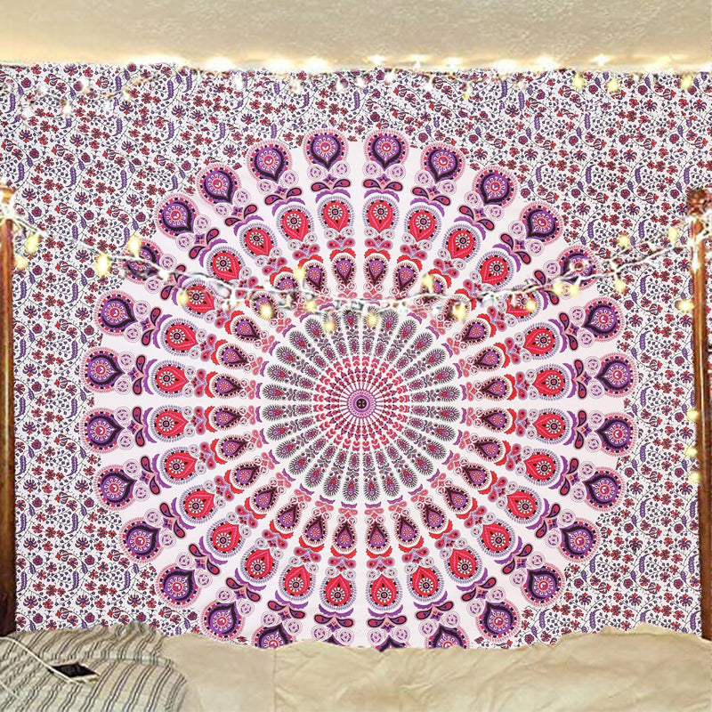 Bless International, Indian Wall Hanging Psychedelic Hippie Bohemian Peacock Mandala Tapestry Bed Sheet Gold Pink Blue King 225x265cm