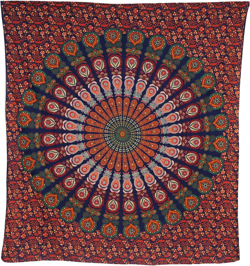 Bless International, Indian Wall Hanging Psychedelic Hippie Bohemian Peacock Mandala Tapestry Bed Sheet Gold Pink Blue King 225x265cm