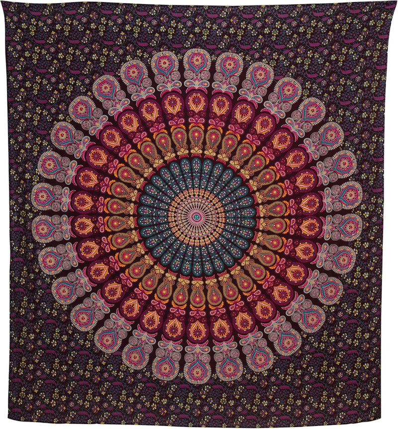 Bless International, Indian Wall Hanging Psychedelic Hippie Bohemian Peacock Mandala Tapestry Bed Sheet Gold Pink Blue King 225x265cm