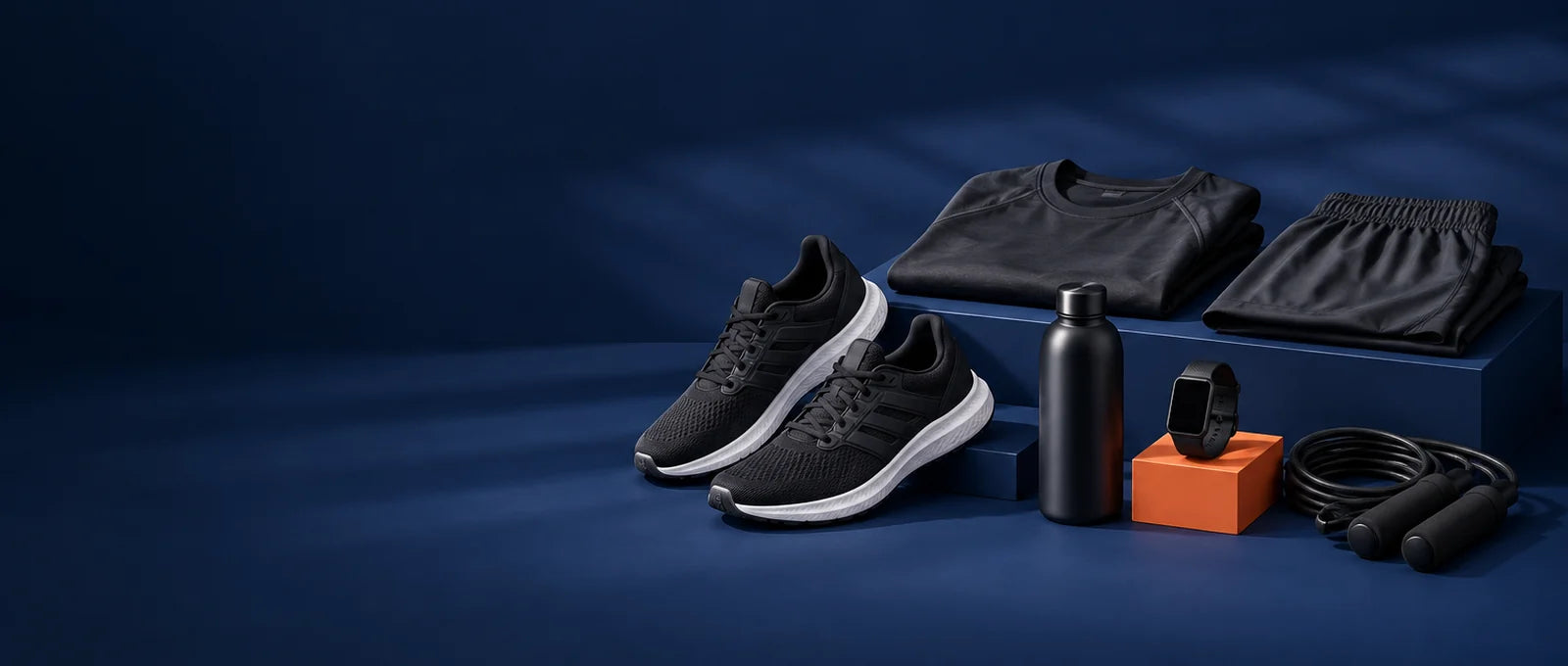 Sportswear at SawaKart: running trainers, training kit, fitness tracker and water bottle on a navy set