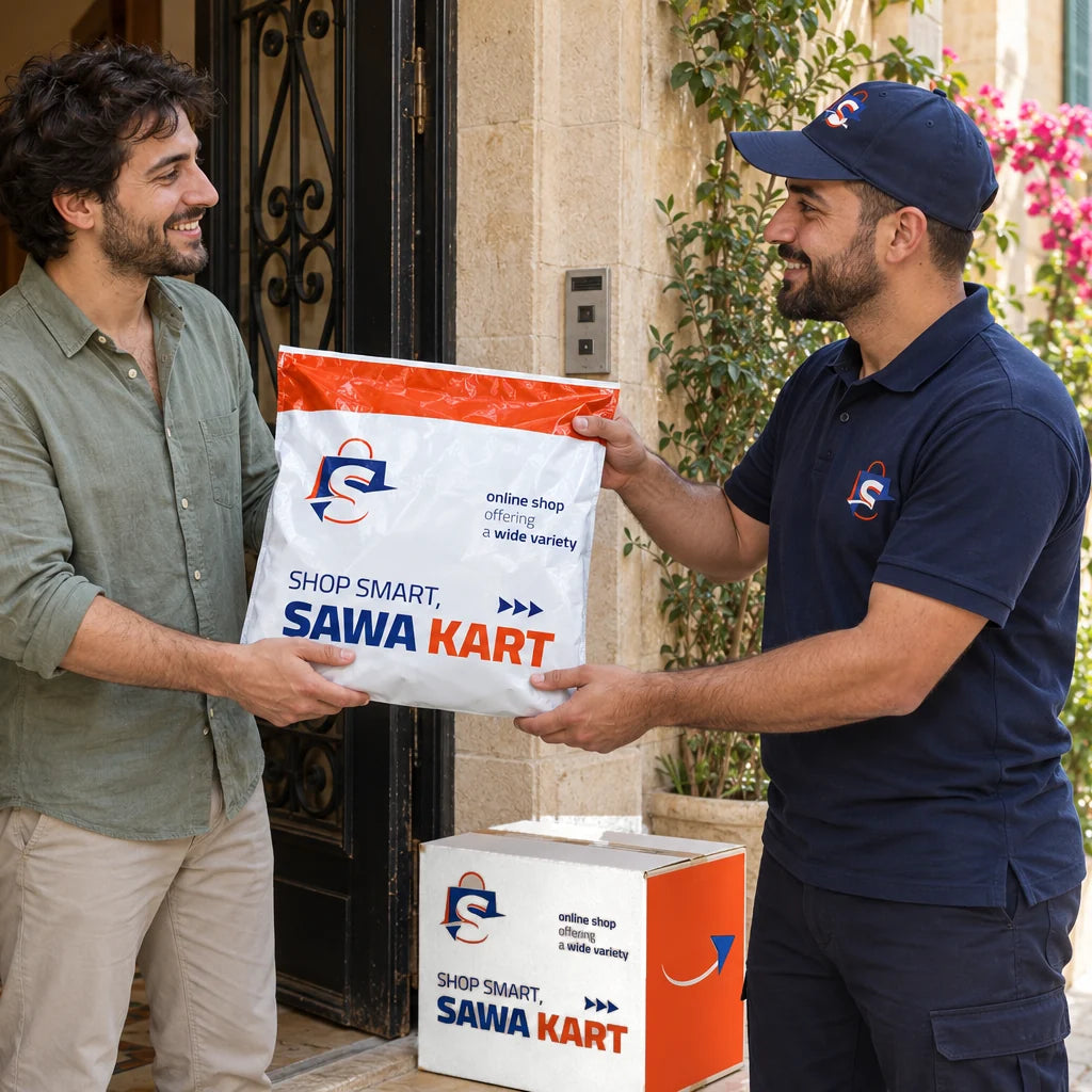 A customer at his door receiving a SawaKart mailer bag from the courier