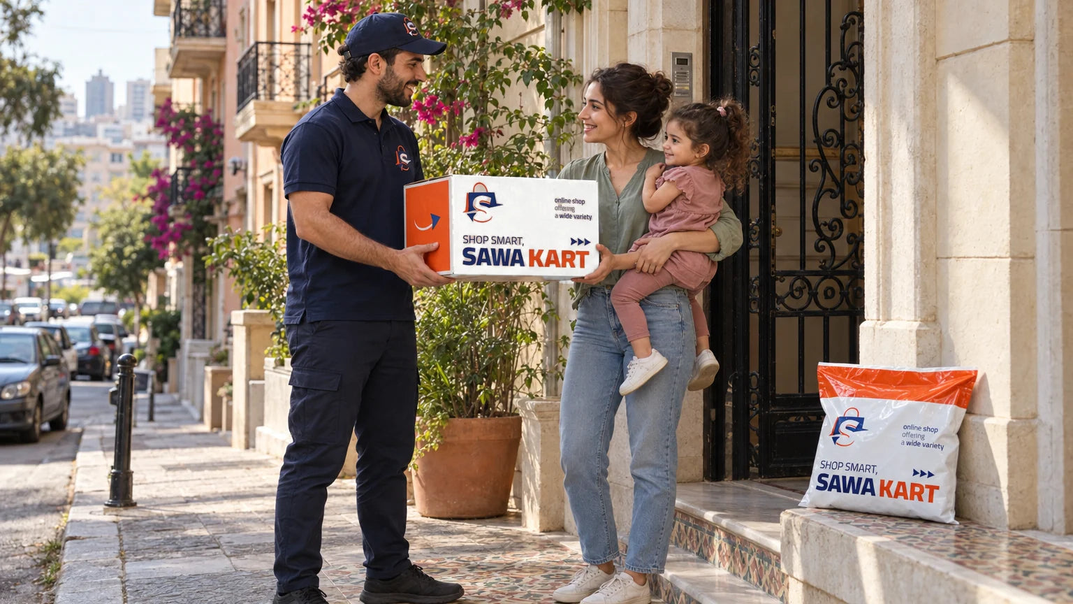 A SawaKart courier handing a SawaKart parcel to a mother and her daughter at their building entrance in Beirut