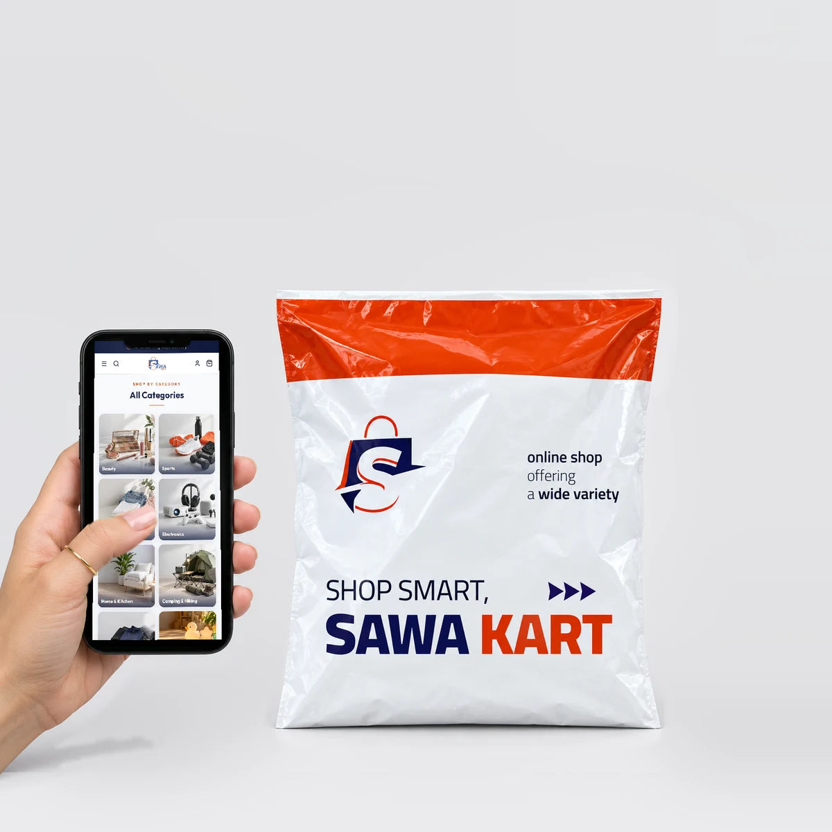 Shopping SawaKart categories on a phone next to a SawaKart delivery bag