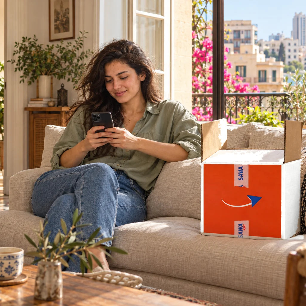 A woman on her sofa shopping on her phone, a SawaKart box beside her