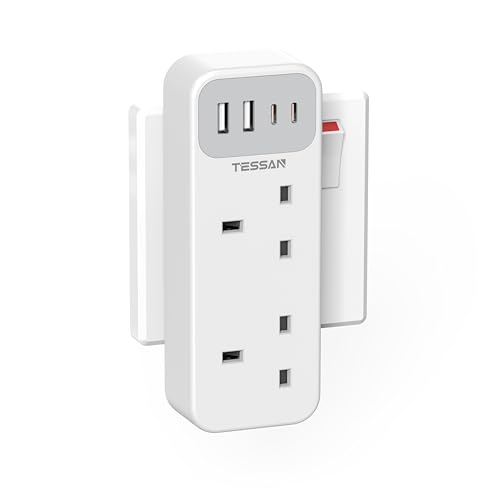 TESSAN Double Plug Adaptor with 4 USB(2 USB C), 2 Way Multi Plug Extension Adapter, UK 13A Fuse Multiplug Sockets Power Extender for Home, Kitchen, Office, School Supplies