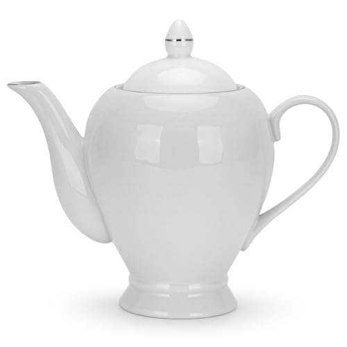 Fissman teapot porcelain, beverage serveware 2-3 tea cups, coffee mugs, modern english classic style, dishwasher safe pure white 1100 ml