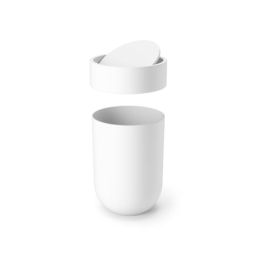 Umbra Touch Waste Can, Small Trash Can with Lid, Swing Lid Basket, Garbage for Washroom/Bathroom, White